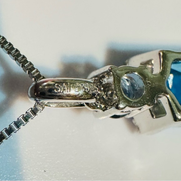 Elegant Blue Topaz Pendant 925 Sterling Silver Box Chain W/CZ Accents, 18” NWOT - Picture 3 of 6